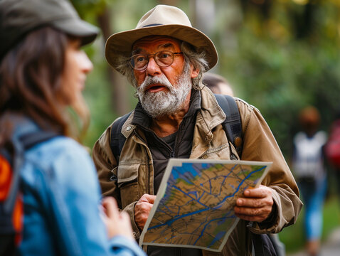 Older Man in Hat Explains Map to Woman While Hiking in Nature