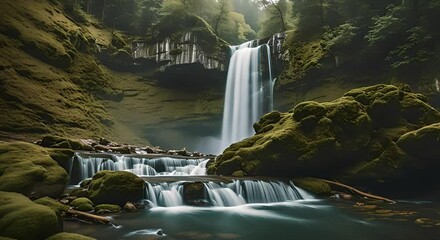 Serene, mystical landscape with a vibrant, magical waterfall.