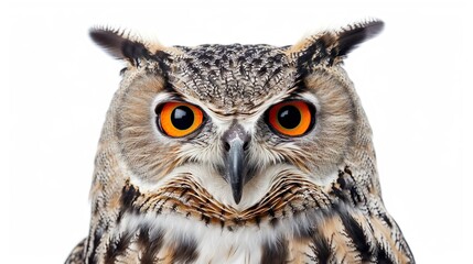 Obraz premium A Eurasian Eagle Owl with intense orange eyes, radiating power and strength, isolated on a white background.