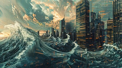 conceptual artwork depicting the impact of macroeconomic changes on investment banking, with waves of data altering the landscape of a digital city