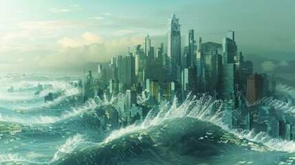 conceptual artwork depicting the impact of macroeconomic changes on investment banking, with waves of data altering the landscape of a digital city
