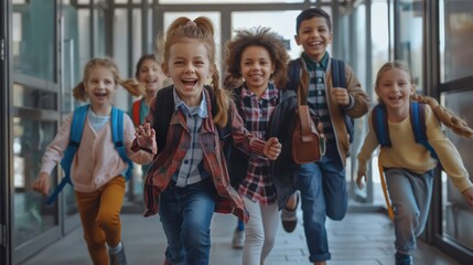 A group of enthusiastic schoolchildren races down a sleek, light-filled hallway, their raised arms and smiling faces embodying the joy and anticipation of returning to school after a long break