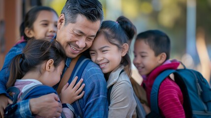Obraz premium Smiling father picks up embraces his kids as they arrive at school, with students interacting in the background, the emotional and supportive bond between parents and children on a school morning
