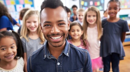 Obraz premium A dedicated black male teacher surrounded by a multicultural group of young students, to begin their educational adventure together, the enthusiasm for learning in elementary school
