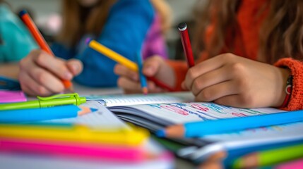 Fototapeta premium A lively close-up of students' hands actively writing in colorful notebooks with vibrant pencils, depicting the collaborative spirit and diversity of a modern classroom.