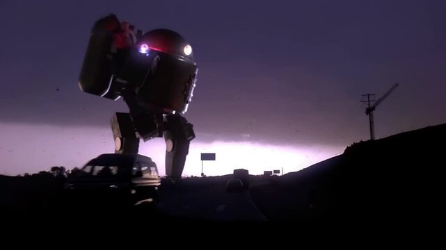 On the track, the giant robot looks around