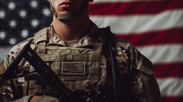  a soldier in uniform with an American flag background, highlighting their dedication on Labor Day. 