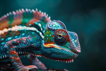 Close-Up Shot of a Colorful Chameleon with Vibrant Patterns and Textures