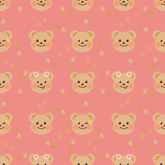 brown teddy butter bear cute hand drawn face with hearts and polka dot texture, pastel beige seamless pattern background