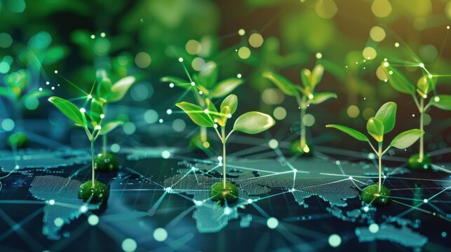 conceptual artwork of emerging markets, with digital sprouts growing from a world map, each connected by data streams to financial centers