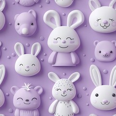 A few random animal faces arranged in a linear pattern, pastel purple background, 3D rendering, modern and sleek