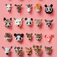 Fototapeta premium A few random animal faces, evenly spaced on a pastel pink background, modern magazine cover style, vibrant and fun, high resolution
