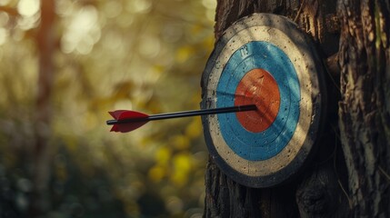 Archery target with arrow on a tree in the woods
