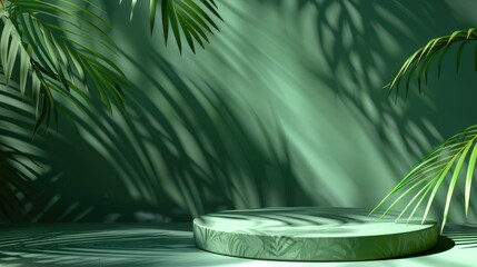 Green backdrop with palm leaf shadows for cosmetic presentation. Geometric scene with podium for eco beauty product promotion banner