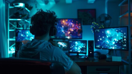 Fototapeta premium Dedicated Gamer Intensely Playing a Video Game in a Modern Gaming Setup