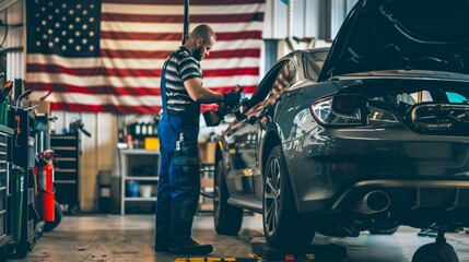 a mechanic working on a car, with an American flag hanging in the garage.