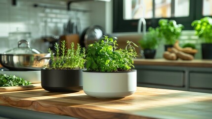 Herb planters on kitchen table