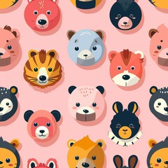 Fototapeta premium A few random cute animal faces, evenly spaced on a pastel pink background, minimalistic magazine cover style, vibrant and fun, high resolution