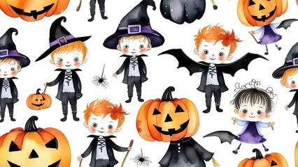 Halloween pattern. children dressed as witches and wizards, pumpkins, bats. halloween wallpaper