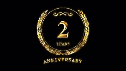 2nd Anniversary Celebration. Happy 2 Years Anniversary Animation in Gold Color on the Transparent Background, Alpha Channel. Great for greetings, celebrations, events, and gifts.