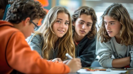 Obraz premium A group of Generation Z students collaborating on a project in a modern classroom