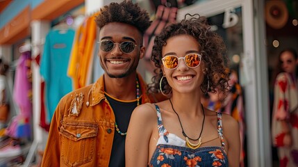 A Gen Z couple shopping together in a trendy fashion boutique