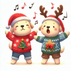 Cute cartoon dogs wearing Christmas sweaters, singing and celebrating the holiday season with music notes and festive cheer.