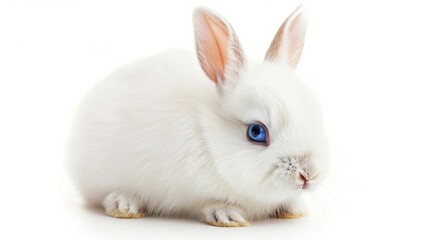 Obraz premium A Netherland Dwarf Rabbit with soft, white fur and bright blue eyes, sitting calmly, isolated on a white background.