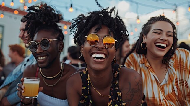 A diverse group of Gen Z friends laughing and chatting at a rooftop party
