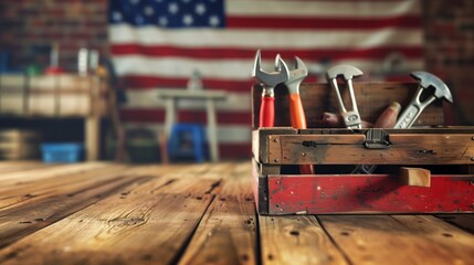 a wooden floor showcasing a toolbox with various tools, against a blurred USA flag-themed background