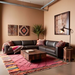 Modern Elegance, Modern Leather and Rustic Warmth, Living room Interior Design