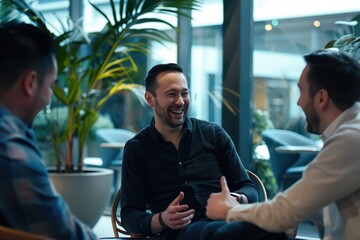 Group of men coworkers lounge area chatting sharing jokes during a casual Friday afternoon break.
