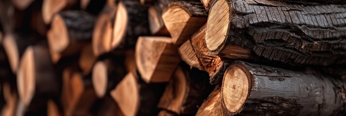 A pile of wood logs with a brownish color. The logs are stacked on top of each other, and they appear to be freshly cut. Concept of warmth and coziness