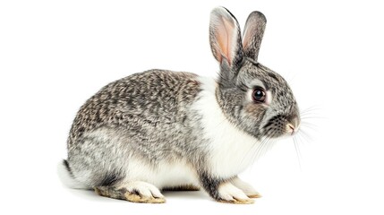 Obraz premium A Netherland Dwarf Rabbit with a mix of grey and white fur, looking curious and alert, isolated on a white background.