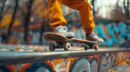 A Gen Z skateboarder sliding down a rail in an urban skatepark with graffiti