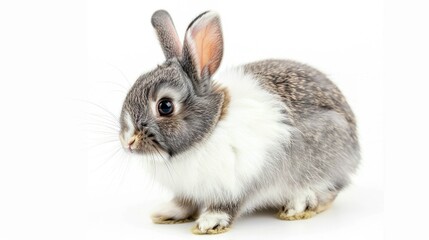 Obraz premium A Netherland Dwarf Rabbit with a mix of grey and white fur, looking curious and alert, isolated on a white background.