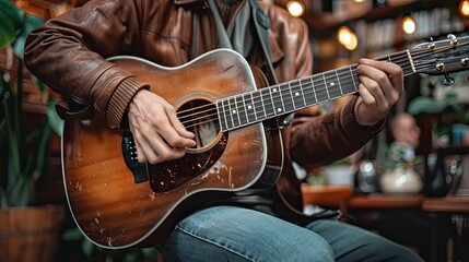 Fototapeta premium A young Gen Z musician playing acoustic guitar and singing at a local coffee shop