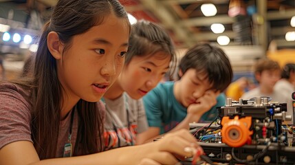 A diverse group of Generation Z students participating in a robotics competition