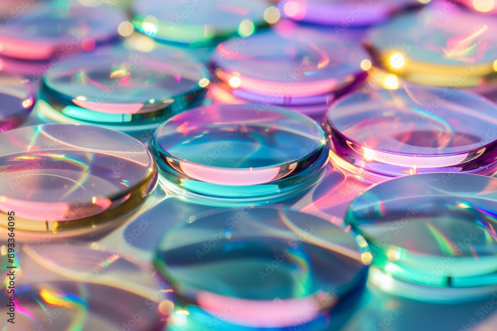 Poster a collection of colorful glass spheres with a rainbow effect. the spheres are arranged in a pattern,