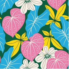 Abstract seamless tropical pattern with bright plants and leaves on a green background. Seamless exotic pattern with tropical plants. Modern abstract design for fabric, paper, interior decor.