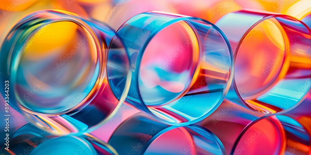 Poster a series of colorful, reflective circles made of plastic. the circles are arranged in a way that cre
