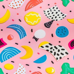 A few random symbols, evenly spaced on a pastel pink background, minimalistic magazine cover style, vibrant and fun, high resolution