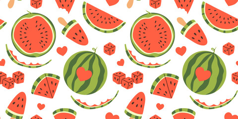 Seamless pattern with watermelon, color background. Bright summer design for postcards, holidays, decorations. Vector illustration. Pattern with fruit.