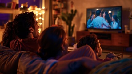 Friends Watching a Movie in a Cozy, Dimly Lit Living Room with Soft Ambient Lights
