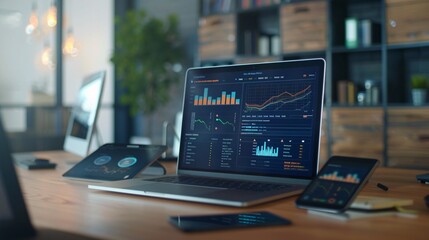 A labtop on a stylish wooden desk in a business office, connected to various smart devices like a smartphone and tablet, all synchronized and showing consistent network connection status with vibrant