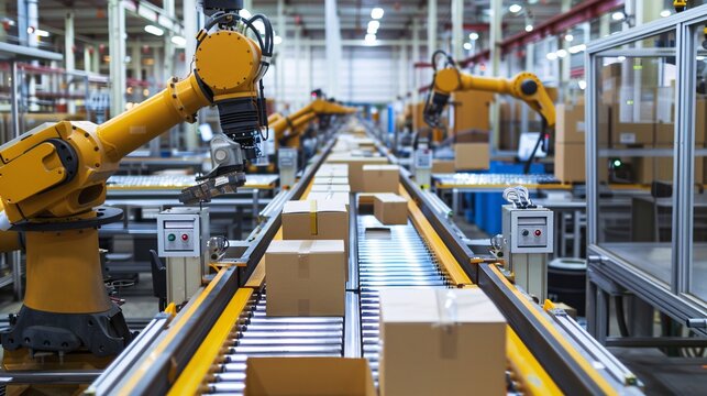 An assembly line in a large manufacturing plant where cardboard boxes are being assembled and packaged by state-of-the-art machinery with robotic arms and automated conveyor systems seamlessly