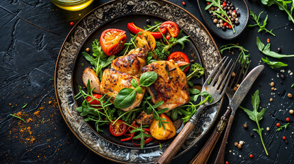 A delicious dish of fried chicken and vegetables served on a black plate with a wooden fork and knife.