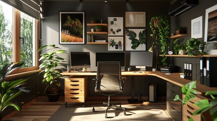 A home office setup for remote work, with a large desk, multiple screens, ergonomic chair, and personal touches like plants and artwork, blending professionalism with a personalized workspace