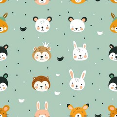 Animal faces in a scattered, simplistic pattern, pastel mint background, sketch style, delicate and artistic