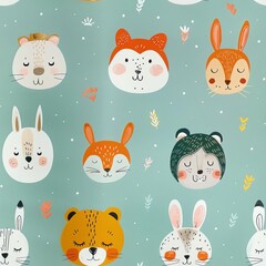 Fototapeta premium Animal faces in a scattered, minimalistic pattern, pastel mint background, sketch style, delicate and artistic